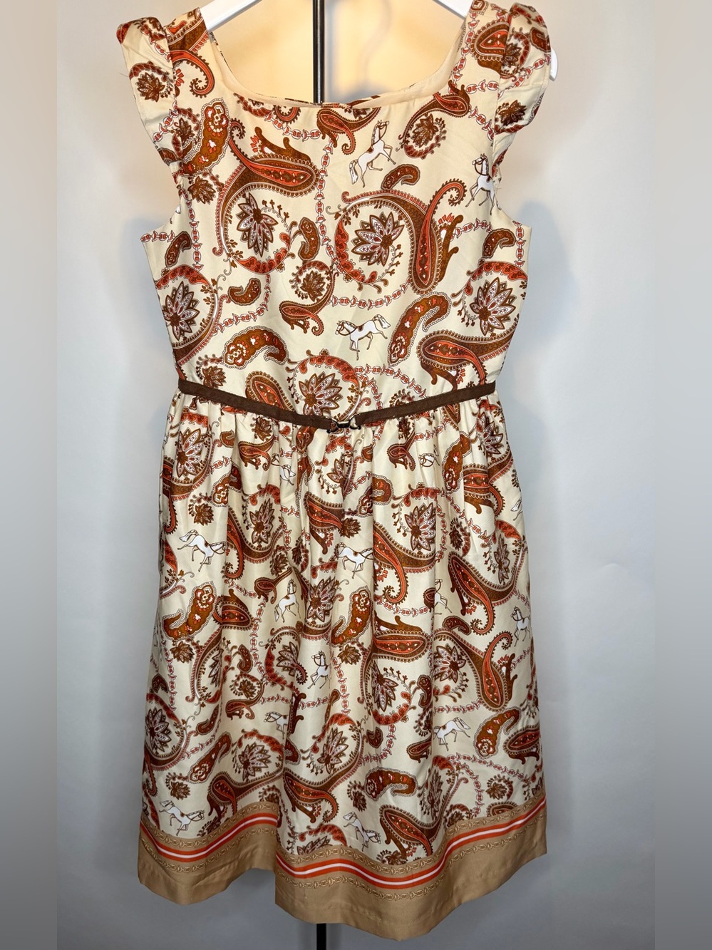 Janie and Jack Paisley Horse Equestrian Dress Creme Brulee